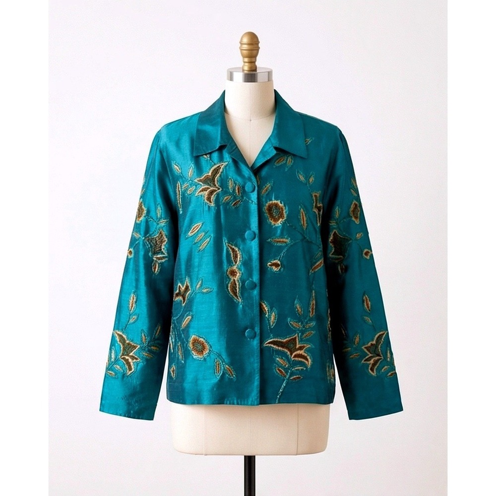 Chadwicks 14 100% Silk Teal Vintage Shacket Beaded‎  Embroidered Jacket Large